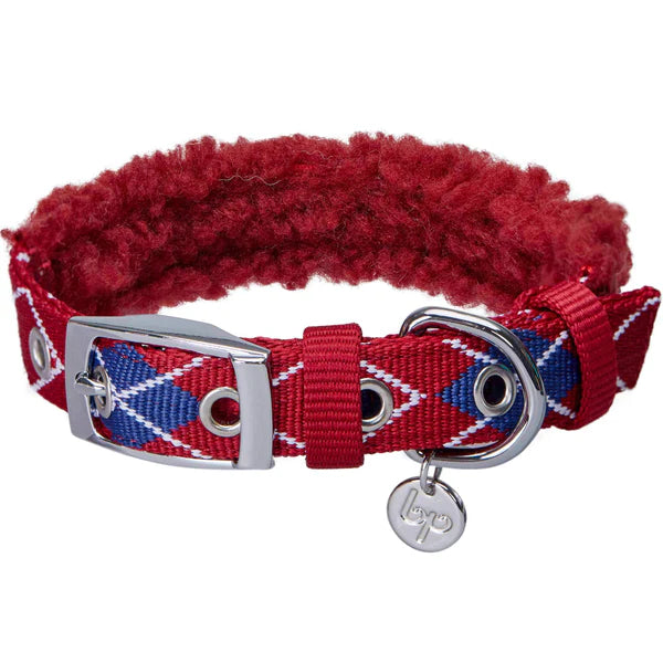 Merlot Red Scottish Argyle | Sherpa Fleece Padded Dog Collar