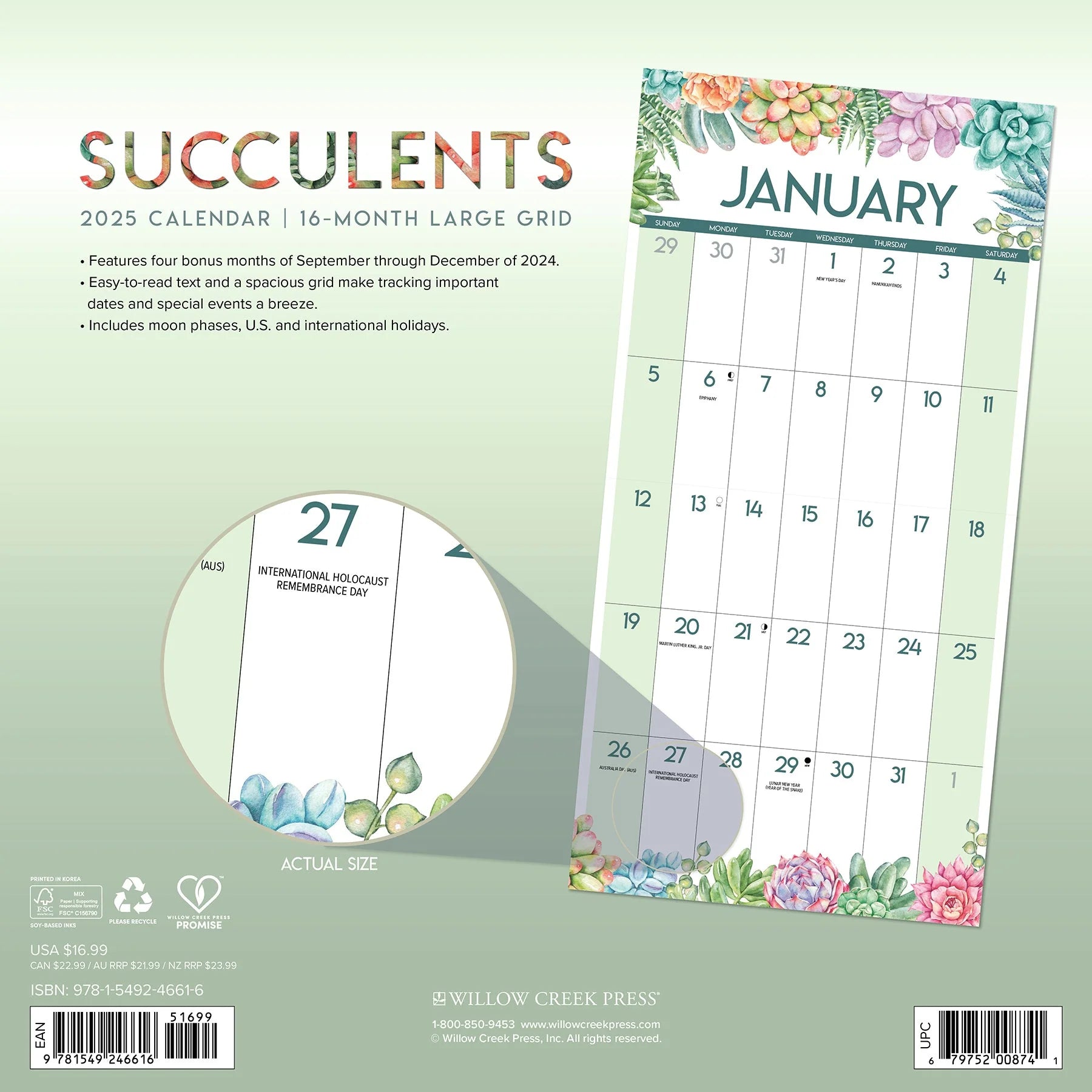 2025 Succulents Large Grid Calendar