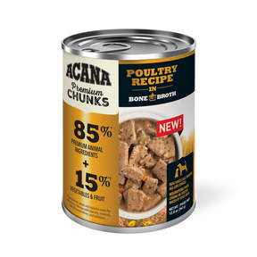 Champion Petfoods, Acana - All Dog Breeds, All Life Stages  Premium Chunks, Poultry Recipe in Bone Broth