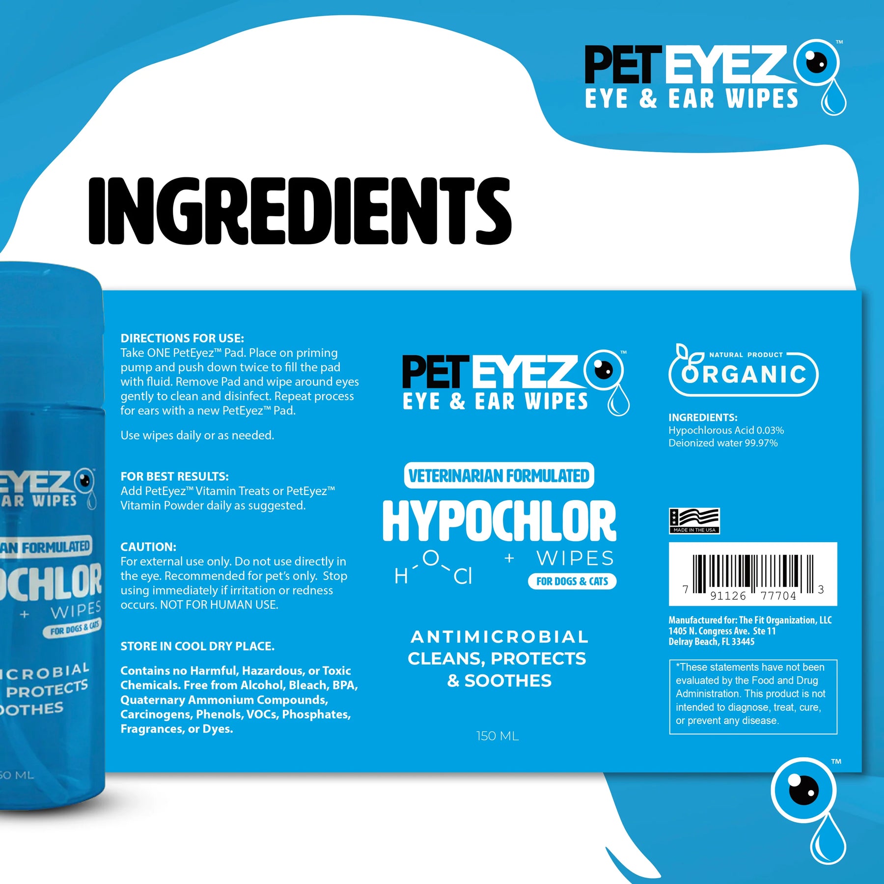 Hypochlor + Eye & Ear Wipes For Dogs & Cats -Antimicrobial