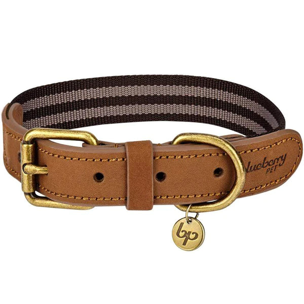 Chocolate and Taupe | Full Grain Leather & Polyester Dog Collar