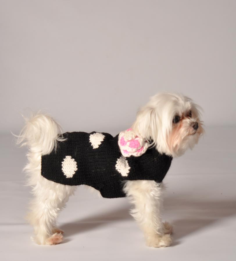 Chilly Dog - Dog Sweater Black Polka Dot w Flower