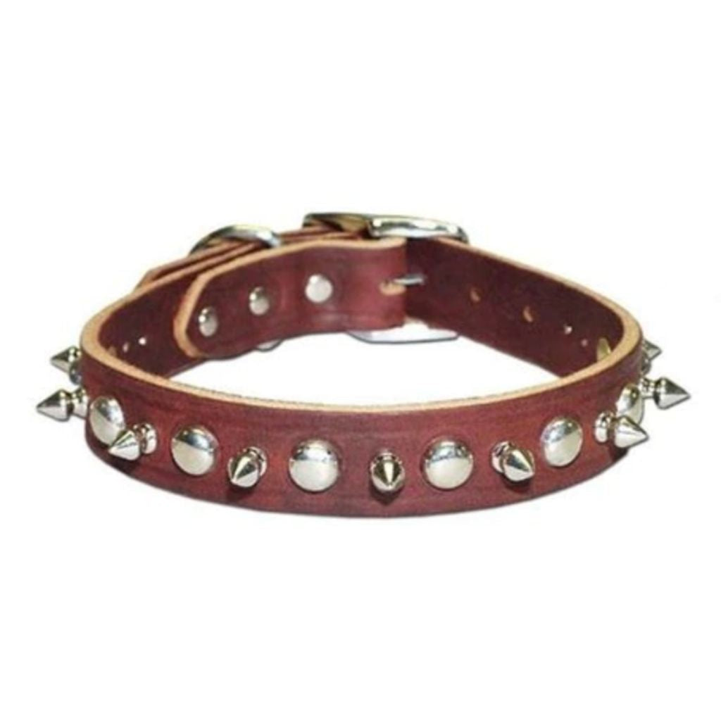 Leather Brothers - Collar Leather Stitched -Studs And Spikes Pink 3/4"